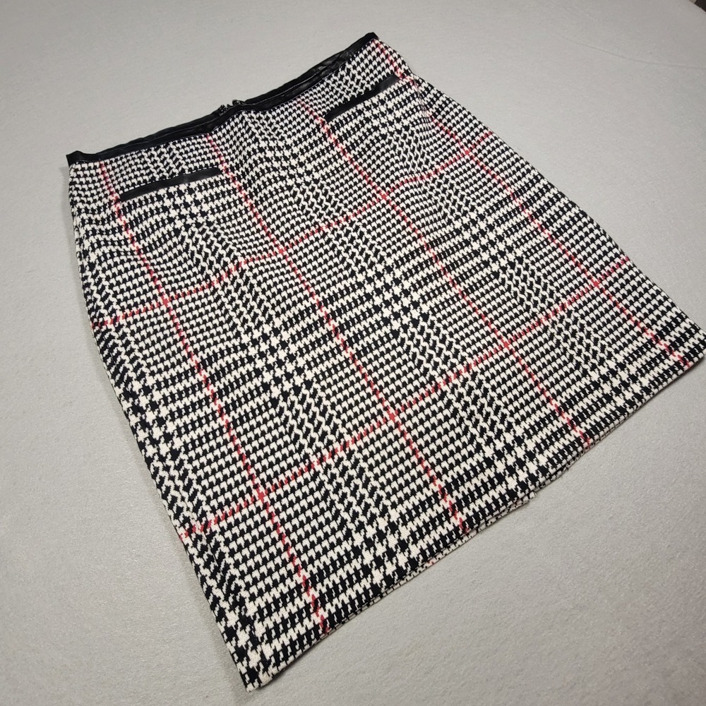 Talbots Petites Plaid Pencil Skirt Black White Red Faux Leather Trim Size 10‎ P - Picture 2 of 8